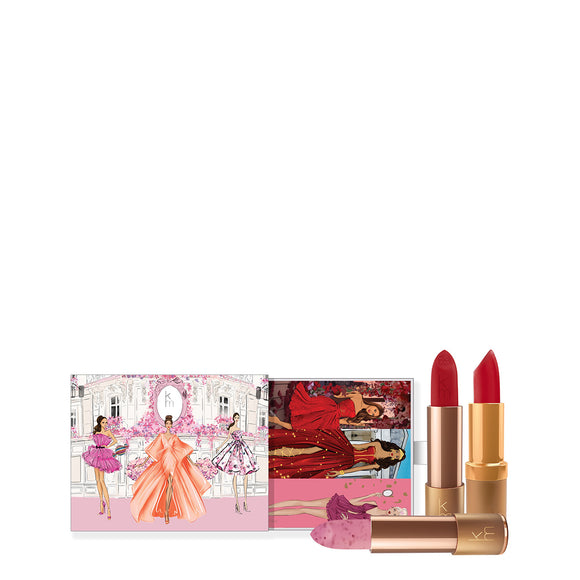 Karen Murrell natural lipstick set with three red shades in gold tubes and illustrated pink gift box packaging