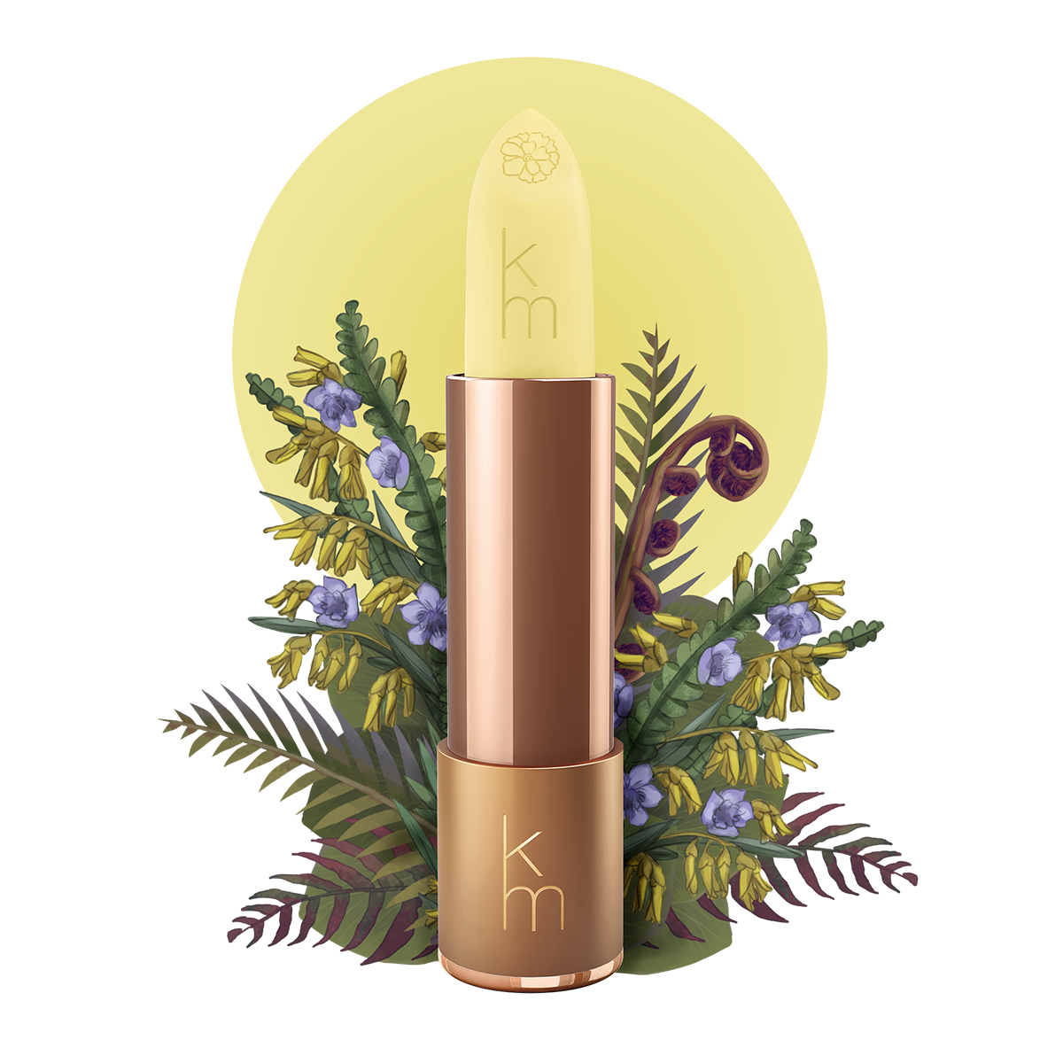 Karen Murrell Natural Moisture Stick in pale yellow balm with rose gold tube and botanical floral background