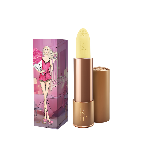 Karen Murrell Natural Moisture Stick yellow balm in rose gold tube with illustrated pink box packaging