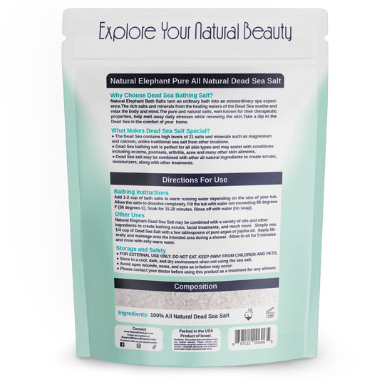 Natural Elephant Coarse Dead Sea Salt for Body in resealable package with usage instructions