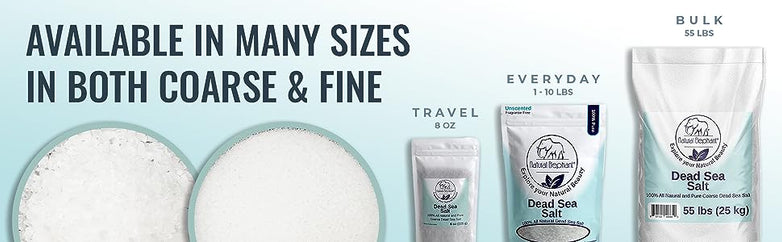 Natural Elephant Coarse Dead Sea Salt for Body in various packaging sizes including 8 oz and 55 lbs