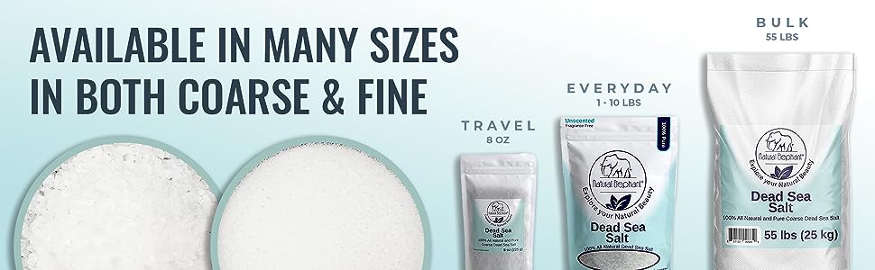 Natural Elephant Coarse Dead Sea Salt for Body in various packaging sizes including 8 oz and 55 lbs