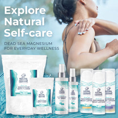 Natural Elephant Dead Sea Salt products including magnesium bath flakes oil spray and body lotion highlighting Dead Sea magnesium oil benefits