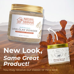 Natural Elephant Moroccan Lava Clay Powder jar showcasing new packaging for ghassoul clay powder for skin