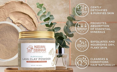 Natural Elephant Lava Clay Powder jar with ghassoul clay powder for skin alongside eucalyptus leaves and skincare benefits