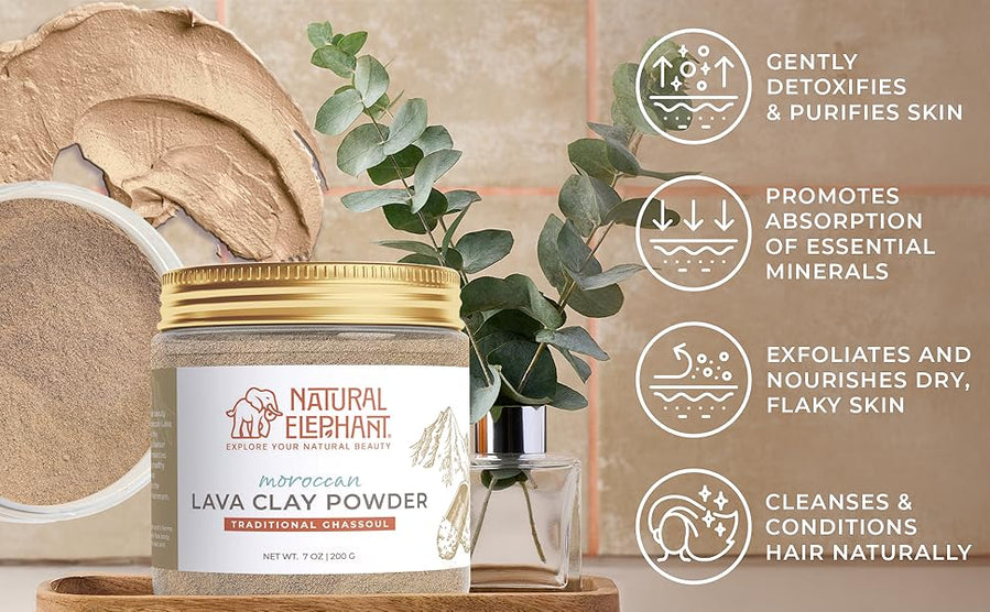Natural Elephant Lava Clay Powder jar with ghassoul clay powder for skin alongside eucalyptus leaves and skincare benefits