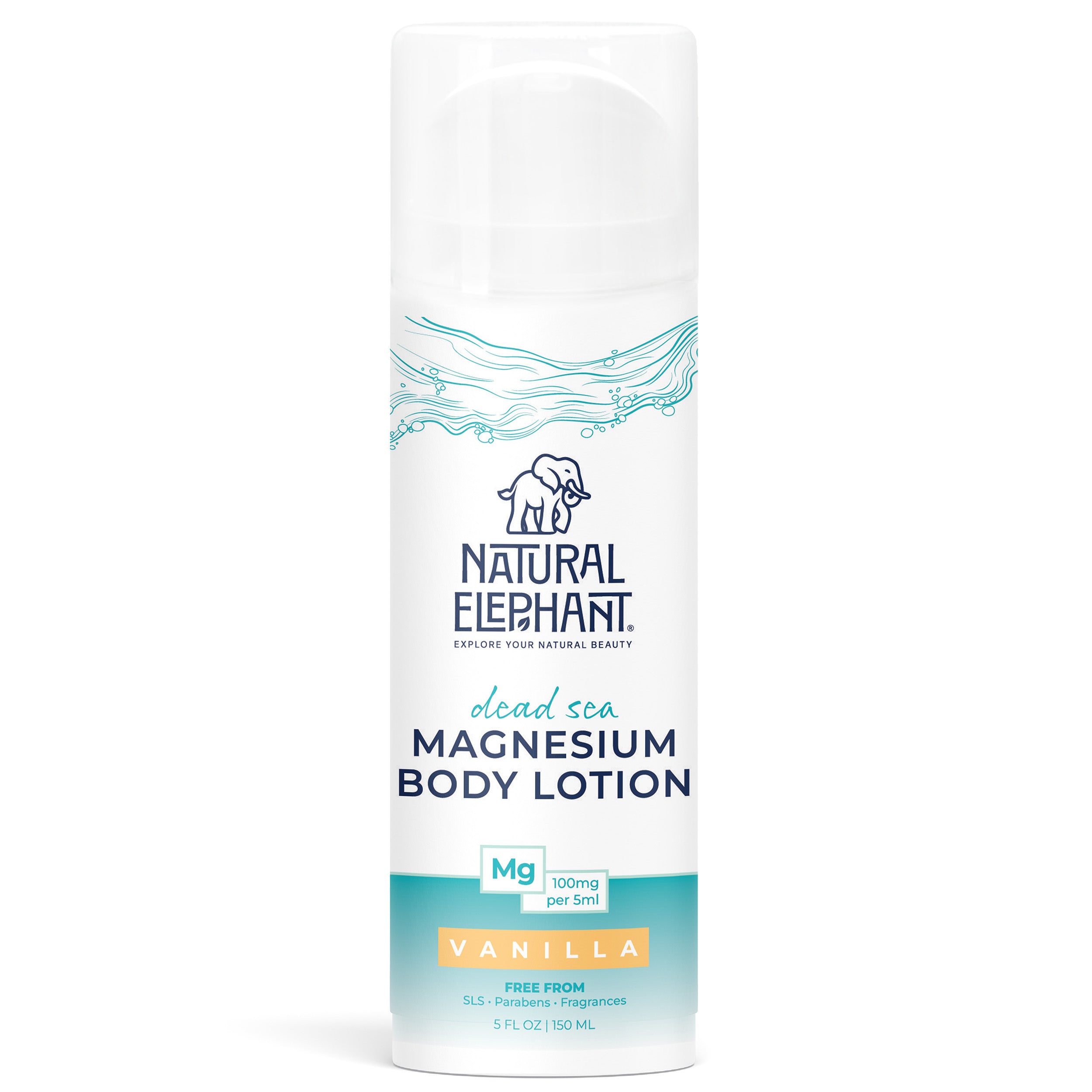 Natural Elephant vanilla magnesium lotion for sensitive skin in a white pump bottle 5 fl oz