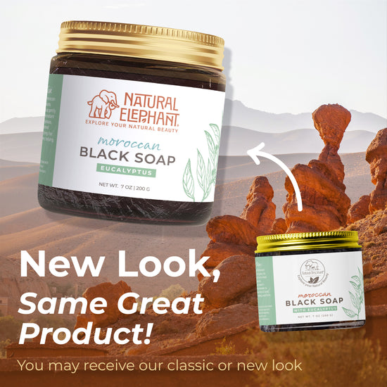 Natural Elephant Moroccan black soap 7 oz with eucalyptus in a jar shown with desert rock background