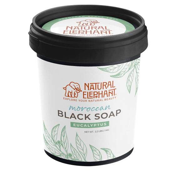 Natural Elephant Moroccan Black Soap Bulk eucalyptus scented in white container with black lid