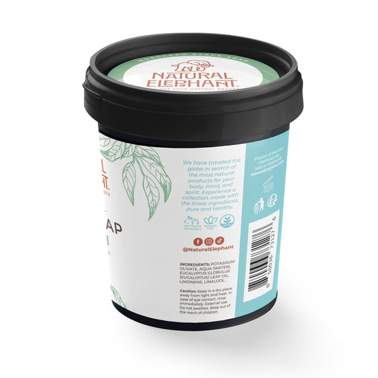 Natural Elephant Moroccan Black Soap Bulk container with black lid and blue white label