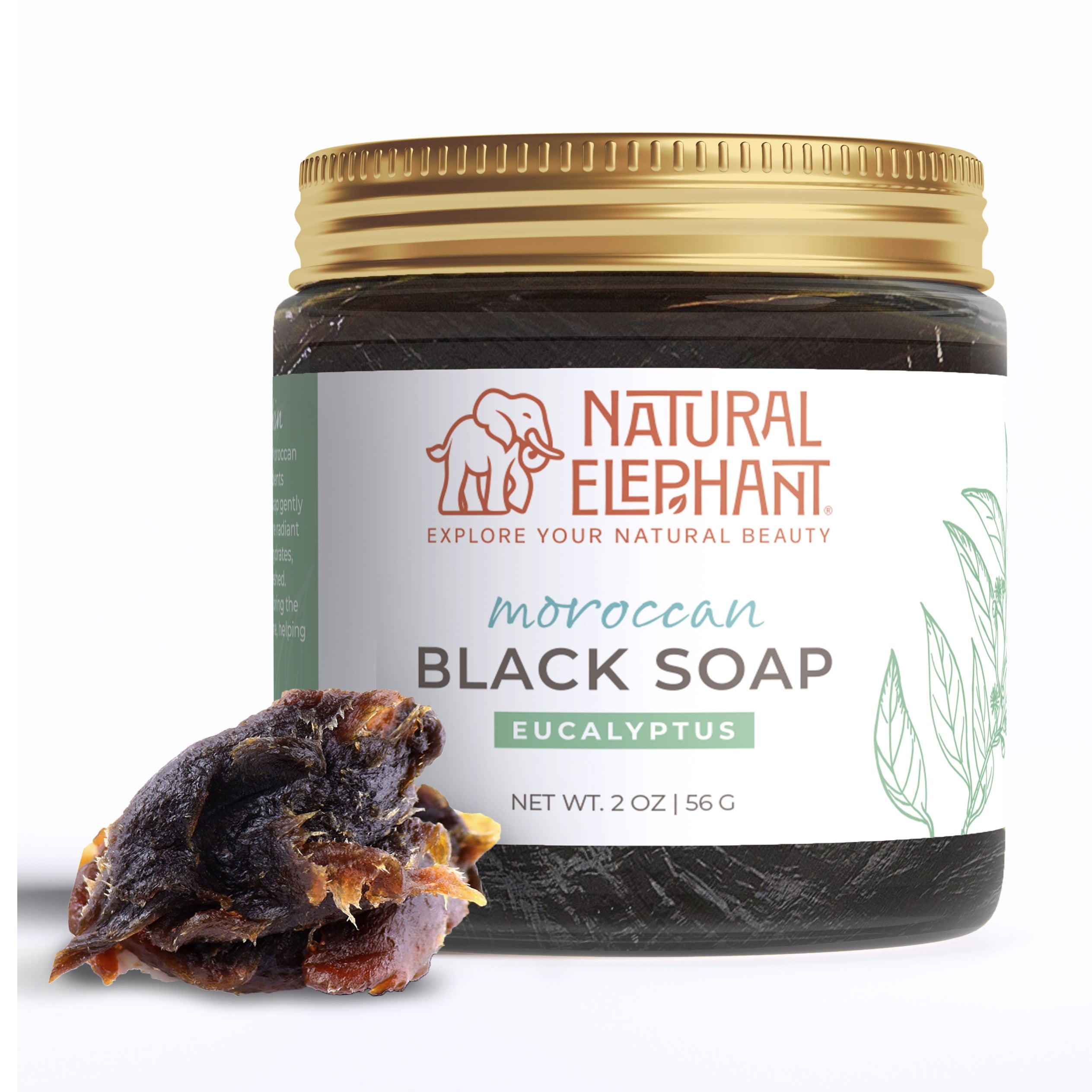 Natural Elephant Moroccan black soap travel size in eucalyptus scent, 2 oz jar with soap piece