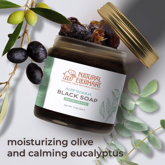 Natural Elephant Moroccan black soap travel size with moisturizing olive and calming eucalyptus ingredients