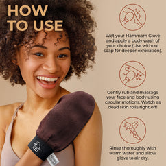 Natural Elephant Moroccan exfoliating glove kit shown in use by smiling woman demonstrating how to exfoliate skin with brown Hammam glove