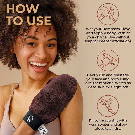 Natural Elephant Moroccan exfoliating glove kit shown in use by smiling woman demonstrating how to exfoliate skin with brown Hammam glove