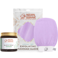 Natural Elephant Moroccan exfoliating glove kit with purple exfoliating glove and black soap jar