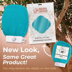Natural Elephant Moroccan exfoliating glove kit with blue Moroccan Hammam exfoliating gloves and packaging
