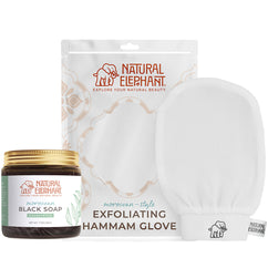 Natural Elephant Moroccan exfoliating glove kit with white hammam glove and black soap for skin care