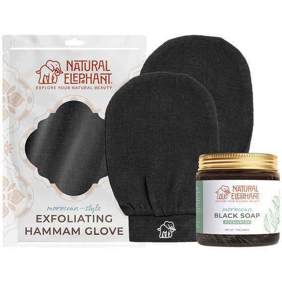 Natural Elephant Moroccan exfoliating glove plus soap set with black exfoliating glove and jar of black soap