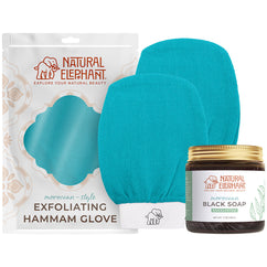 Natural Elephant Moroccan exfoliating glove plus soap set with turquoise exfoliating hammam gloves and eucalyptus black soap jar