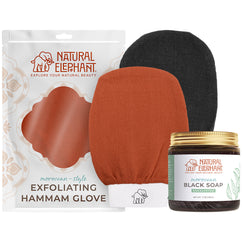 Natural Elephant Moroccan exfoliating glove plus soap set with brown and black hammam gloves and eucalyptus black soap