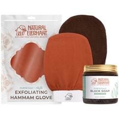Natural Elephant Moroccan exfoliating glove plus soap set with brown and orange exfoliating hammam gloves