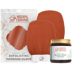 Natural Elephant Moroccan exfoliating glove plus soap set with two brown hammam gloves and eucalyptus black soap jar
