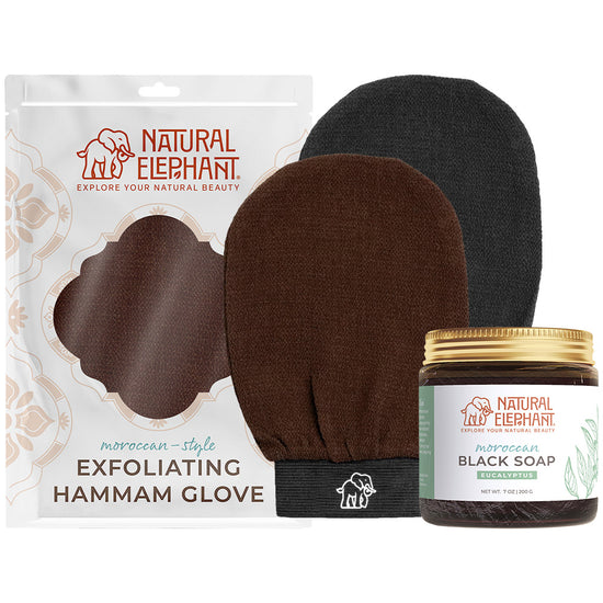 Natural Elephant Moroccan exfoliating glove plus soap set with brown and black hammam gloves and eucalyptus black soap jar