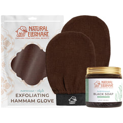 Natural Elephant Moroccan exfoliating glove plus soap set with brown hammam glove and eucalyptus black soap jar