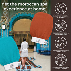 Natural Elephant Moroccan exfoliating glove plus soap in terracotta and teal colors with spa benefits listed