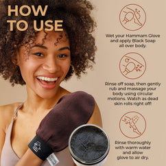 Woman demonstrating how to use Moroccan exfoliating glove plus soap for body exfoliation and skincare