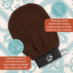 Natural Elephant Moroccan Hammam Glove for exfoliation with textured brown fabric and black cuff featuring logo