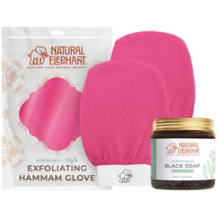 Natural Elephant Moroccan exfoliating glove plus soap with pink hammam glove and black soap jar