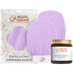 Natural Elephant Moroccan exfoliating glove plus soap set with lavender glove and black eucalyptus soap