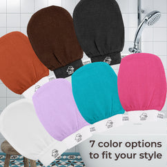 Natural Elephant Moroccan exfoliating glove plus soap in seven vibrant colors displayed in bathroom setting