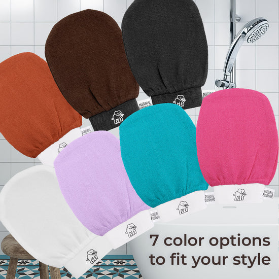 Natural Elephant Moroccan exfoliating glove plus soap in seven vibrant colors displayed in bathroom setting
