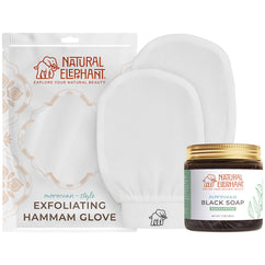 Natural Elephant Moroccan exfoliating glove plus soap set with white exfoliating gloves and eucalyptus black soap jar