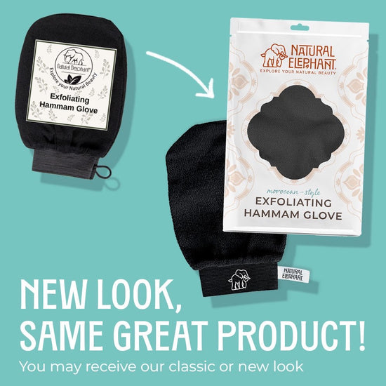 Natural Elephant Moroccan Hammam Glove natural exfoliating glove in black with old and new packaging