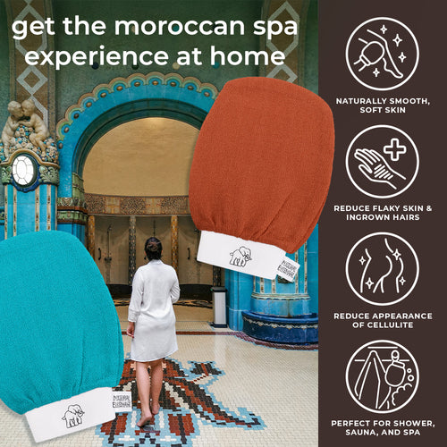 Natural Elephant Moroccan Hammam Glove in terracotta and teal colors natural exfoliating glove for smooth soft skin