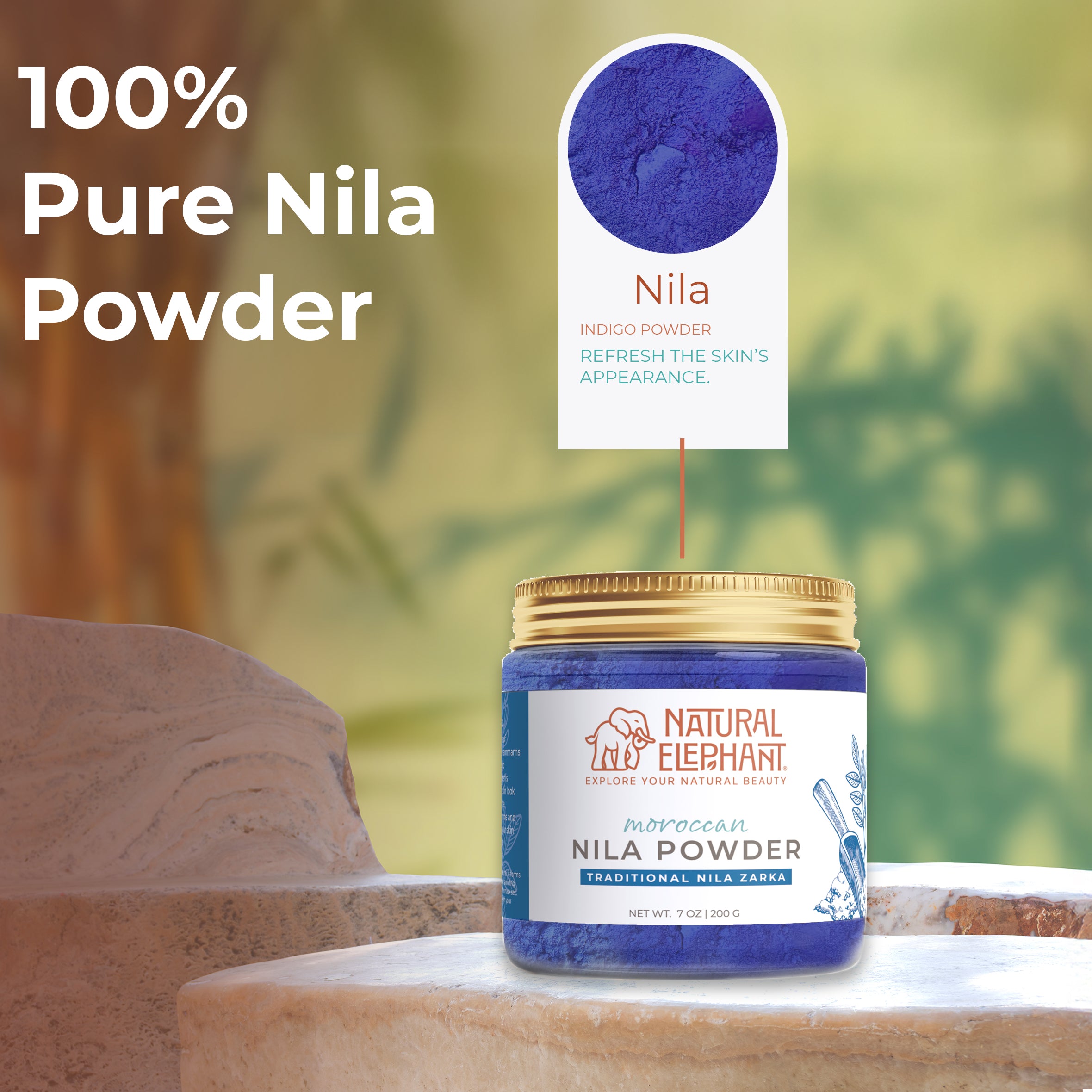 Natural Elephant 100% Pure Nila Powder in a jar, ideal for using natural indigo powder for hair care.