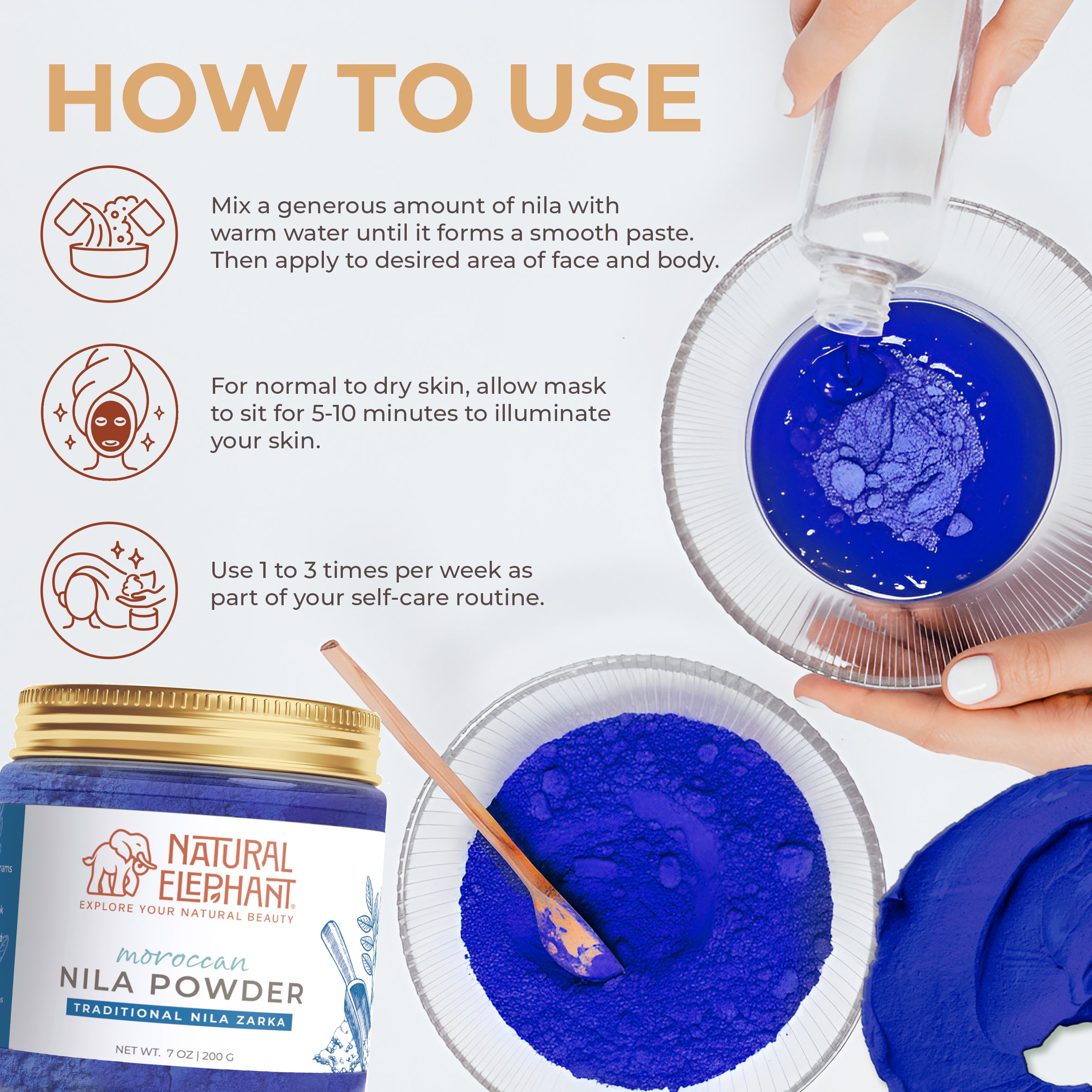 Natural Elephant indigo powder for hair shown in a bowl with mixing instructions for DIY hair treatments
