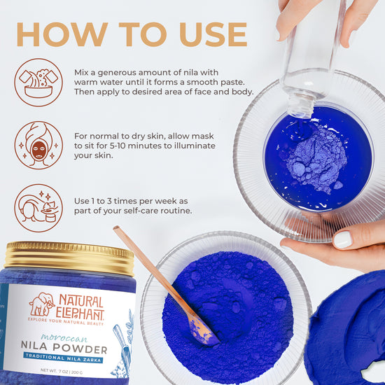 Natural Elephant indigo powder for hair shown in a bowl with mixing instructions for DIY hair treatments