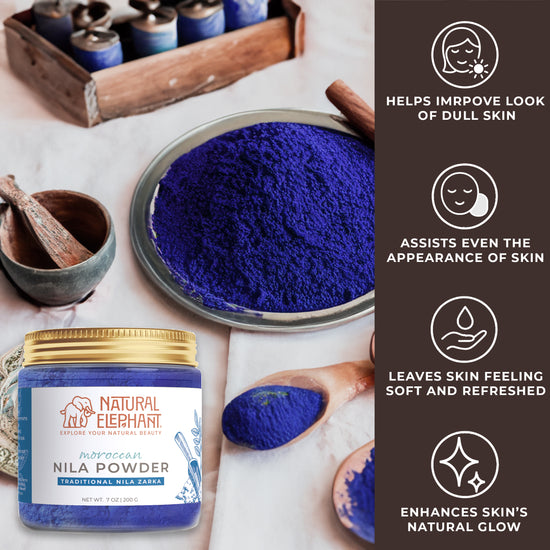 Natural Indigo Powder for hair in a glass jar with wooden spoons and blue powder for skincare benefits