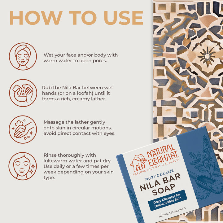 Natural Nila Bar Soap for Face by Natural Elephant with step-by-step usage instructions
