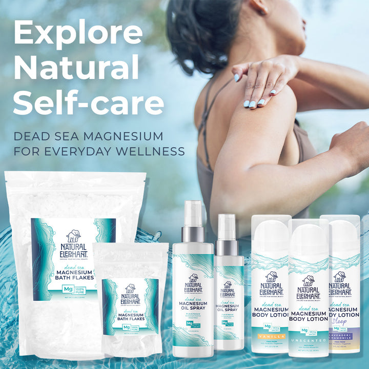 Natural Elephant Dead Sea Salt products including magnesium bath flakes oil spray and body lotion natural magnesium bath soak