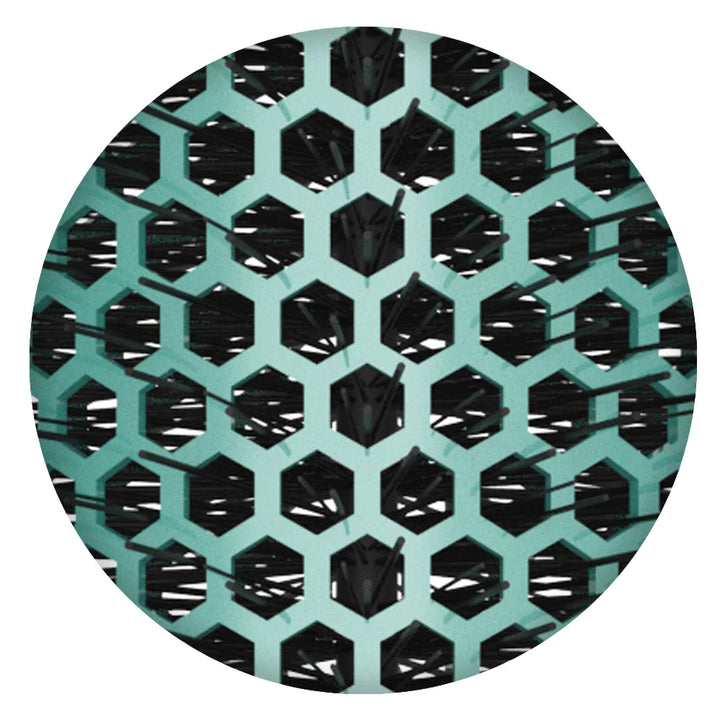 Close-up view of Olivia Garden ceramic brush vented barrel with black bristles and turquoise hexagonal design