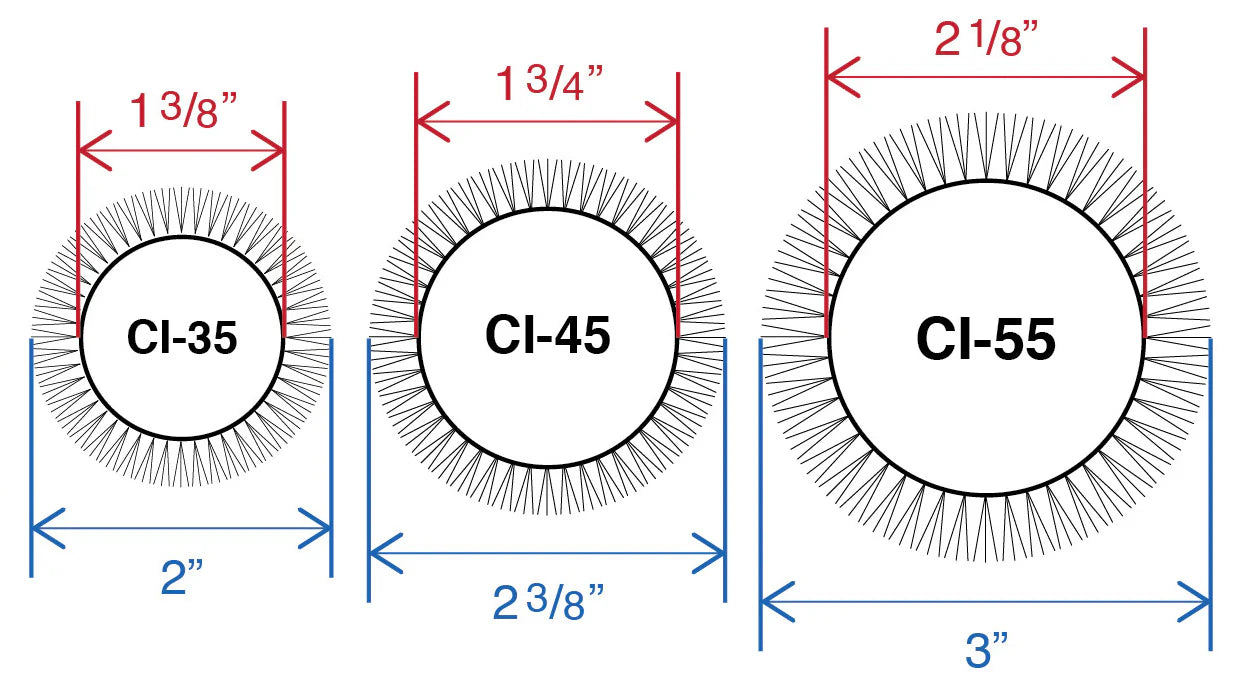 Diagram showing dimensions of Olivia Garden ceramic ionic hair brush barrels in sizes CI-35, CI-45, and CI-55