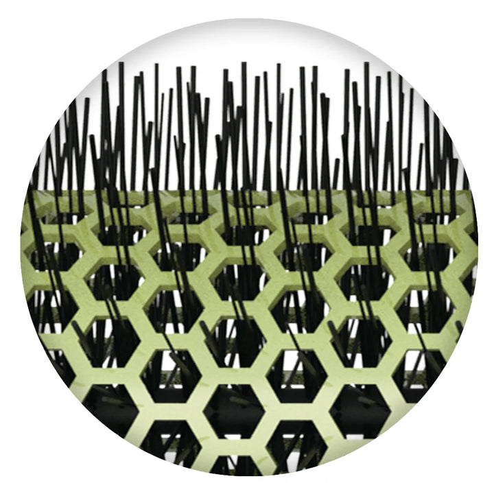 Close-up of black bristles and hexagonal ceramic base on Olivia Garden ceramic ionic hair brush