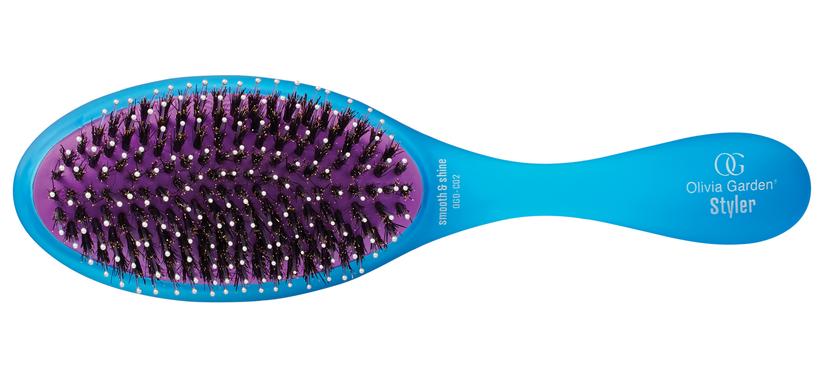 Olivia Garden detangler brush with blue handle and purple bristle base for easy hair styling