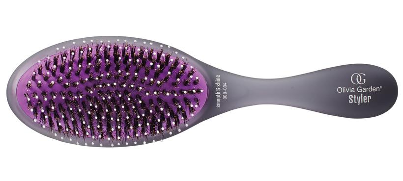 Olivia Garden detangler brush with purple bristles and gray handle for easy hair styling