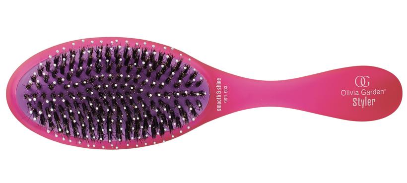Olivia Garden detangler brush with pink and purple handle designed for smooth hair detangling